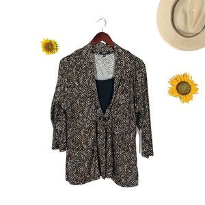 Elements Large Blouse Black Brown Layered Spots Stretchy 3/4 Sleeve Top